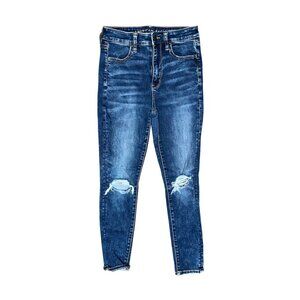 Dark Blue American Eagle Skinny Jeans Distressed Knee Holes Size 4 High Rise